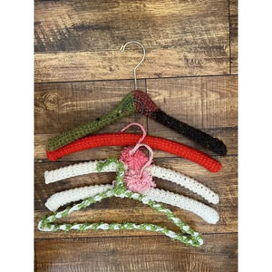 5 vintage hand knitted and crochet hangers